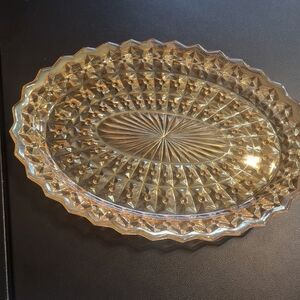 Indiana Glass Amber Serveware Vintage  Marigold Carnival Oval Plate Diamond Cut